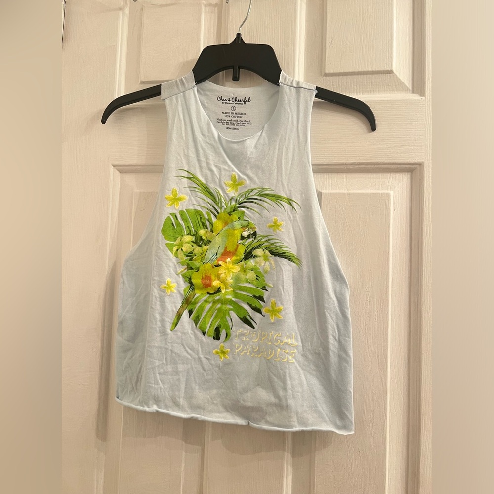 Size large light blue tropical paradise parrot bird cut off muscle tee tank top